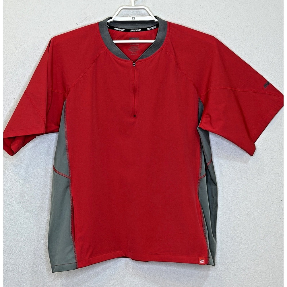 Marucci Cage Jacket Mens Sz Large Red Gray Short Sleeve 1/4 Zip Pullover Stretch